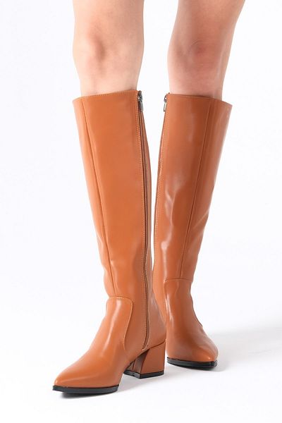 Mio Gusto Tan Color Pointed Toe Side Zipper Thin Lined Women's Heeled Boots