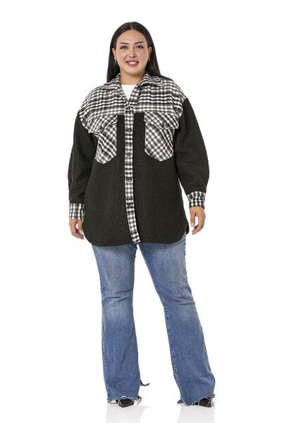 DISENTIS MODEST Büyük Beden Buklet Ve Oduncu Kumaş Garnili Göğüsten Kapaklı Cepli Siyah Gri Ceket Gömlek