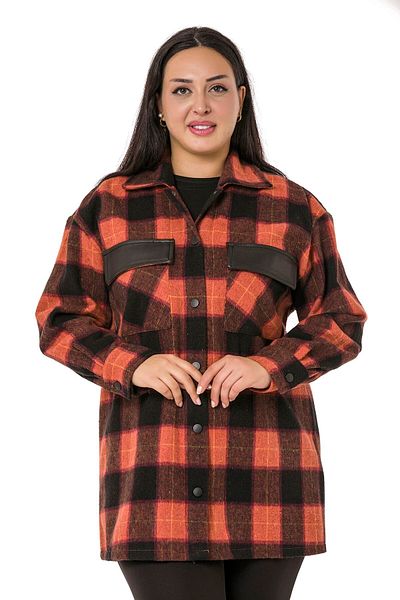 DISENTIS MODEST Large Size Plaid Tile Jacket Shirt with Pocket Covers and Leather Garnish on the Back