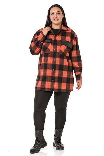 DISENTIS MODEST Large Size Plaid Tile Jacket Shirt with Pocket Covers and Leather Garnish on the Back