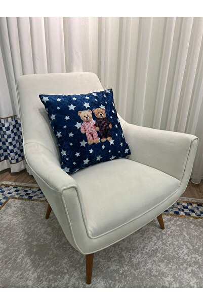 Brillant %100 Kadife Ayıcık Desenli Kırlent Yastık Kılıfı - Lacivert (45X45)