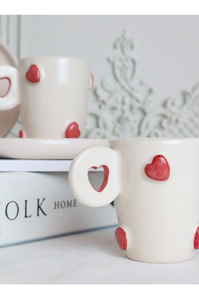 ada mia seramik 2-Piece Heart Figured Handmade Ceramic Coffee Cup Set 90ml