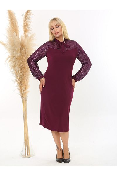 LİKRA Rochie de damă, cu guler cu fundă, din tul, cu paiete, elastică