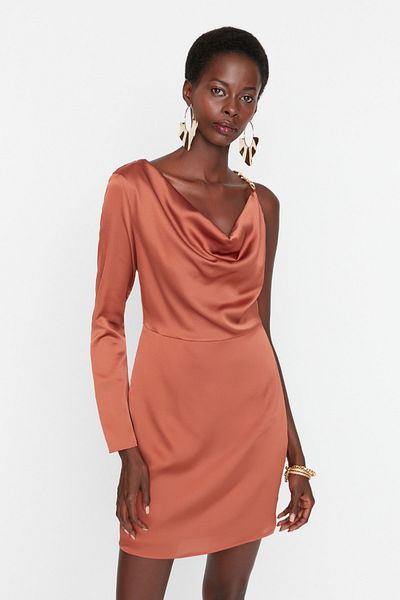 Trendyol Collection Satin Woven Cinnamon Detailed Short Stylish Evening Dress - TPRAW23EL00263