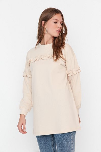 Trendyol Modest Μπεζ μπροστινό βολάν Λεπτομερές πλεκτό τουνίκ TCTAW23UK00053