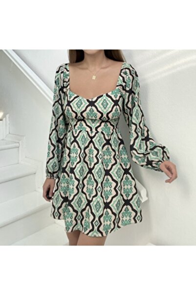 Afiş Butik Rochie evazată cu mânecă lungă cu imprimeu verde