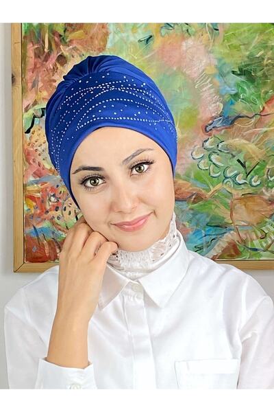 BUTİKAMBAR Firuze Model Taşlı Saks Mavisi Bone