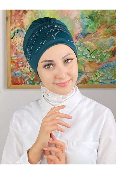 BUTİKAMBAR Yay Model Taşlı Koyu Petrol Yeşili Bone