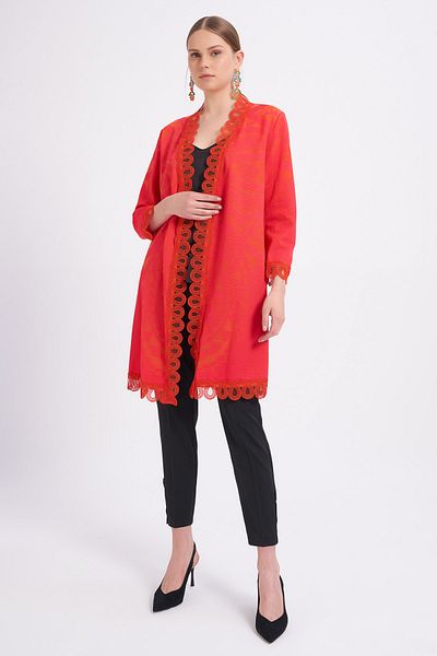 Balizza Blz- Patterned and Guipure Detailed Trench Coat