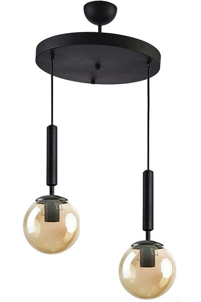 Fer Avize Carla Black Color Body Honey Glass Pendant Lamp Living Room - Kitchen - Bedroom 2 Pieces Chandelier