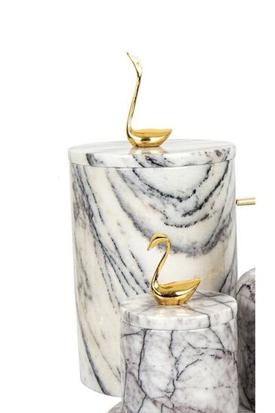 MIARIK DESIGN & DEKORASYON Dekoratif Leylak Mermer Çöp Kovası Gold Kuğu Kuş D...