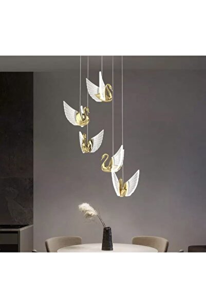burenze Luxury Exclusive Modern Sarkıt Beşli Kuğu Led Avize Swan Gold Sarı Le...