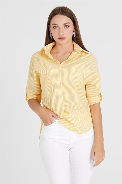 1DEN2YE قميص مخطط من قماش الويفر - أصفر