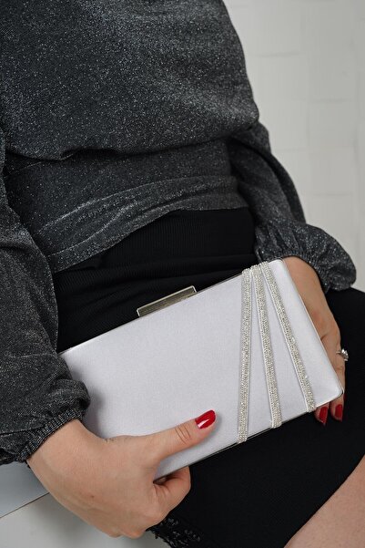 LULE BAGS Silver Satin White Three Row Stone Evening Dress Slim Model Women's...