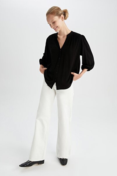 DeFacto Detailní blůza s polorukávy s výstřihem do V