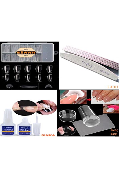 SİNKA Takma Tırnak Balerin 100 Adet+10 Gr Yapıştırıcı+2 Adet Törpü+stamper Ba...