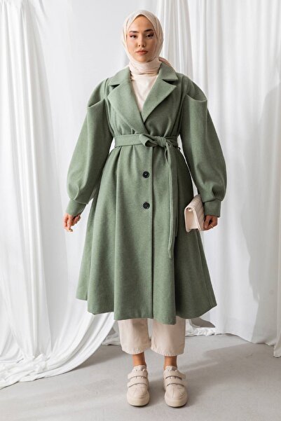 lovebox Oversize 120 Cm Khaki Stamp Fabric Hijab Coat with Belt Detail and Hidden Pockets 5953