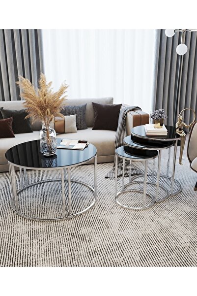 mekare Zigon Sehpa Ve Orta Sehpa Seti Gümüş Ayak Siyah Kırılmaz Ayna