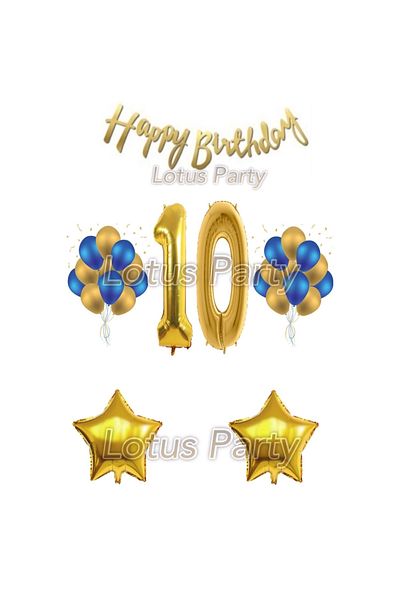 LOTUS PARTY طقم عيد ميلاد لعمر 10 سنوات - عدد 2 بالون 20 قطعة بالون ذهبي كحلي - 2 نجمة - نص عيد ميلاد سعيد