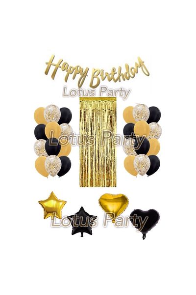 LOTUS PARTY Birthday Set - 24 Pieces Gold Black Sequin Balloon 2 Hearts - 2 Stars Wall Fund Happy Birthday Lettering