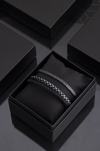 Sortie Aksesuar Hakiki Deri Ve Makrome Doğal Taş Erkek Kombin Bileklik Seti 051