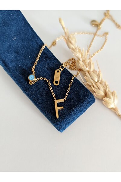 SU PERİSİ TAKI BİJUTERİ قلادة من الفولاذ الذهبي غير مشوهة بحرف F