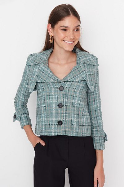 Trendyol Collection Mintgrüne kurze Tweed-Webjacke TWOAW23CE00203
