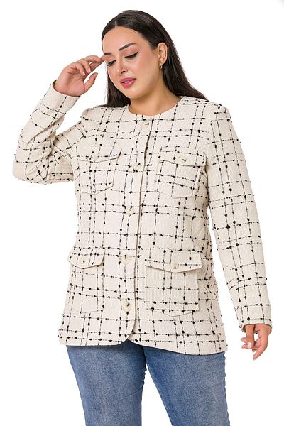 DISENTIS MODEST Plus Size Button and Pocket Detailed Skirt Oval Cut Lined Tweed Ecru Black Jacket