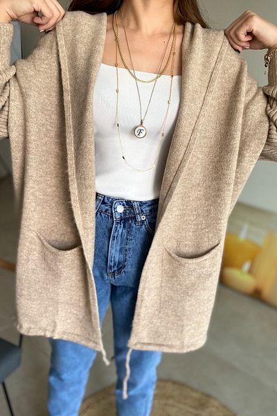 FEMELLE Cardigan de tricot pentru femei, culoare piatră, cu buzunare dublu, cu glugă, largi, supradimensionat, mărime standard