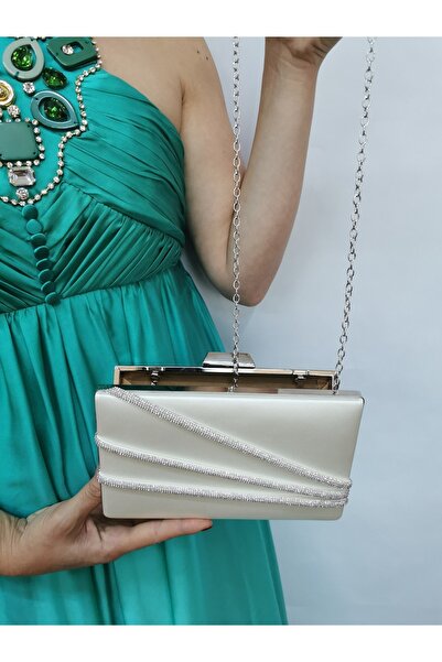 NAZART Γυναικείο βραδινό φόρεμα από σατέν πέτρα Clutch