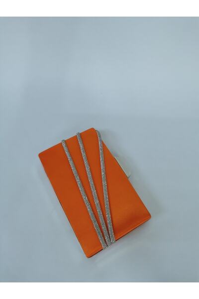 NAZART Geantă de seară din satin, cu pietre, portocalie, model clutch/portofoliu pentru damă