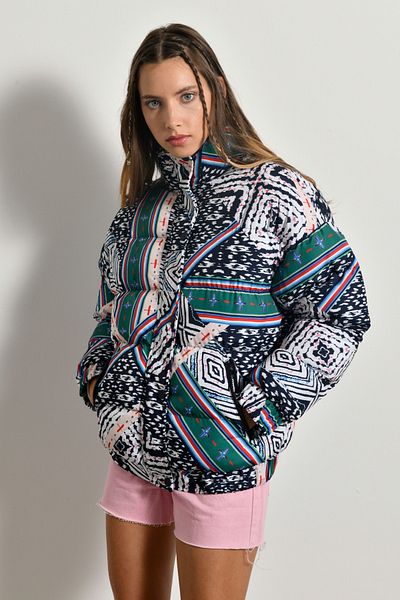 fehika Women's Green Lined Real Fiber Filling Goose Feather Printed Puffer Coat