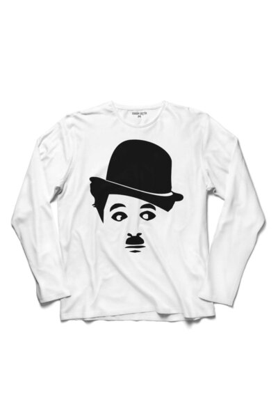 Kendim Seçtim Tricou alb pentru bărbați Charlie Chaplin Charlie Chaplin Logo Silhouette 2 cu mânecă lungă