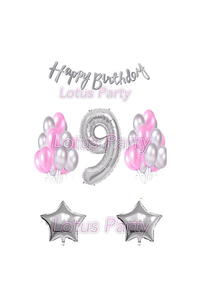 LOTUS PARTY 9 Year Old Birthday Set - 1 Number Balloon - 20 Silver and Pink Balloons - 2 Stars Happy Birthday Text