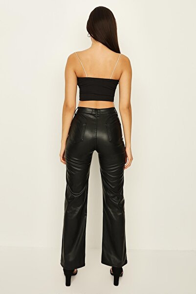 Select Moda Pantaloni largi de damă cu aspect piele neagră