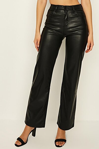 Select Moda Pantaloni largi de damă cu aspect piele neagră