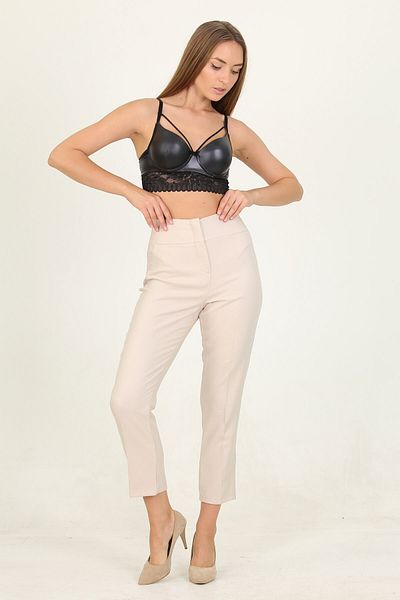 Neşeli Butik Women's Beige High Waist Ankle Length Office Pants Qns025