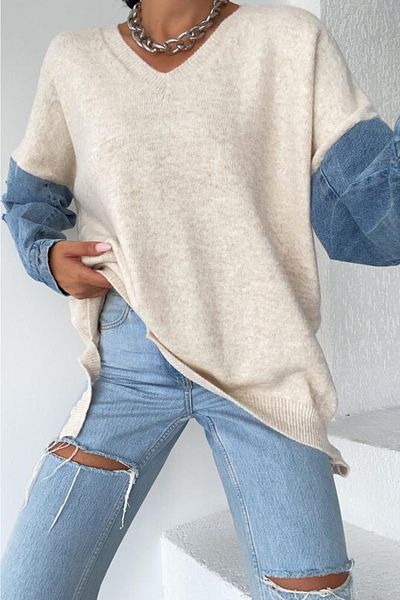 FEMELLE Pulover din denim cu mâneci cu decolteu în V