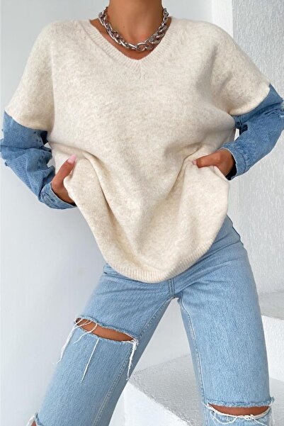FEMELLE V-Neck Sleeve Denim Detailed Knitwear Sweater