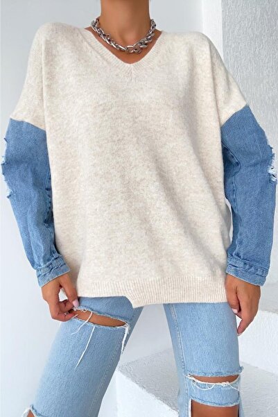 FEMELLE V-Neck Sleeve Denim Detailed Knitwear Sweater