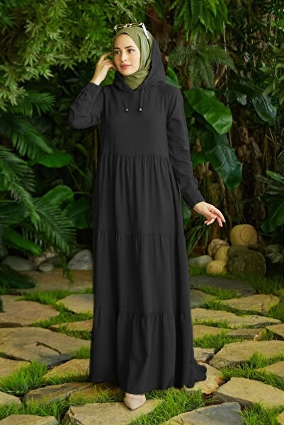 Neways 6531-denim Parça Boya Kapşonlu Elbise Siyah