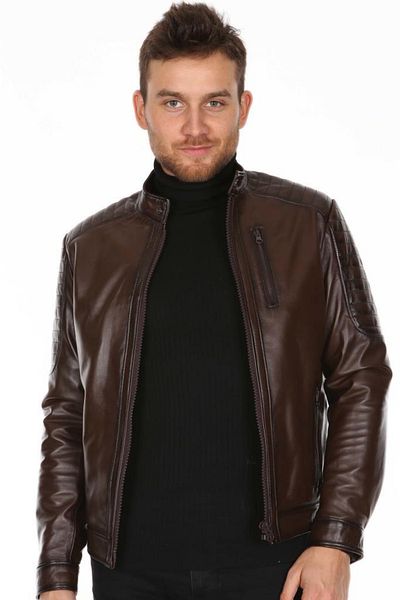 Derimont's Genuine Leather Brown Sports Sleeve Embroidered Men's Leather Jacket