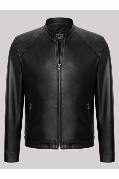 Derimont's Hakiki Kuzu Derisi Siyah Erkek Deri Mont Düz Kesim Dik Yaka Deri Ceket