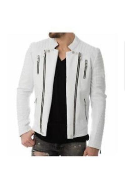 Derimont's Genuine Leather White Men's Leather Coat Four Side Zipper Leather Jacket
