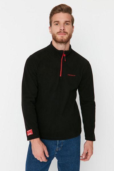 Trendyol Collection Black Men's Regular Zippered Stand Collar Embroidered Thick Fleece Warm Sweatshirt TMNAW23SW00036