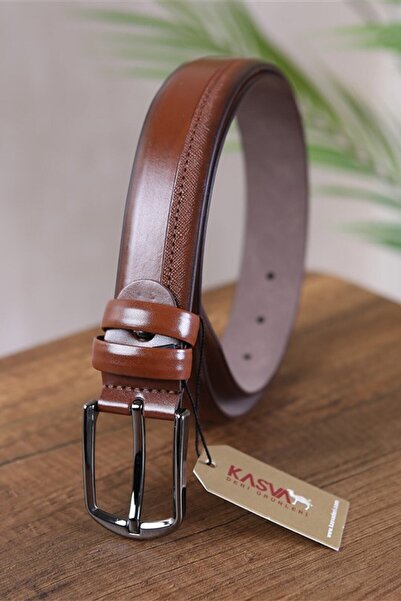 KASVA DERİ حزام كلاسيكي صناعي منقوش باللون البني مقاس 3.5 سم