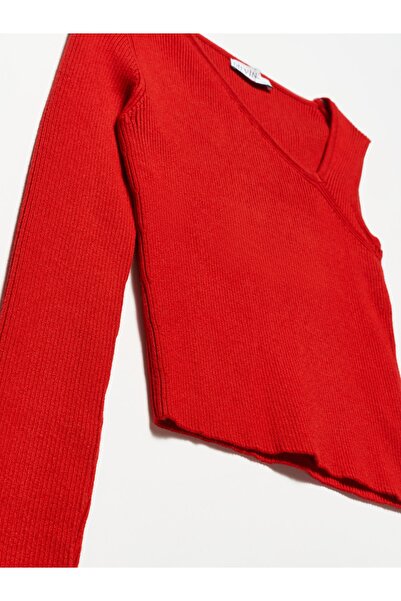 Dilvin 10231 Yan V Yaka Tek Kol Kazak-kırmızı