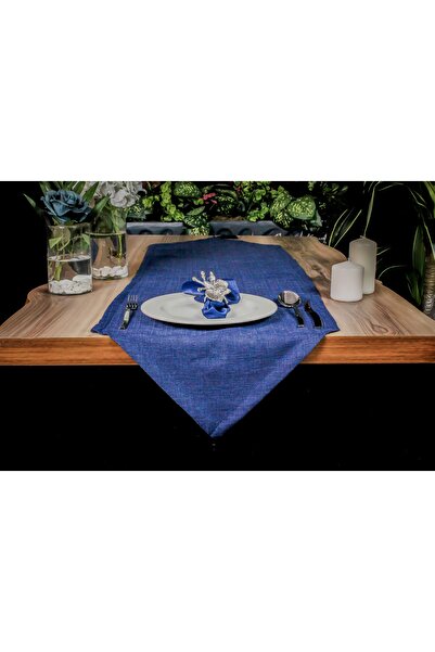 Biz Class Blue Linen Fabric Tasseled Runner & Gold Blue Pattern American Service Set of 6/ Runner-Tablecloth