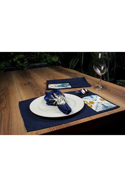 Biz Class Blue Linen Fabric Tasseled Runner & Gold Blue Pattern American Service Set of 6/ Runner-Tablecloth