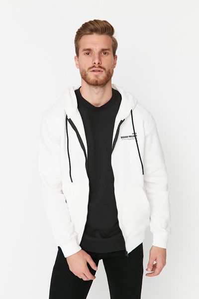 Trendyol Collection Fehér kapucnis szlogen polár pulóver - TMNAW23SW00227